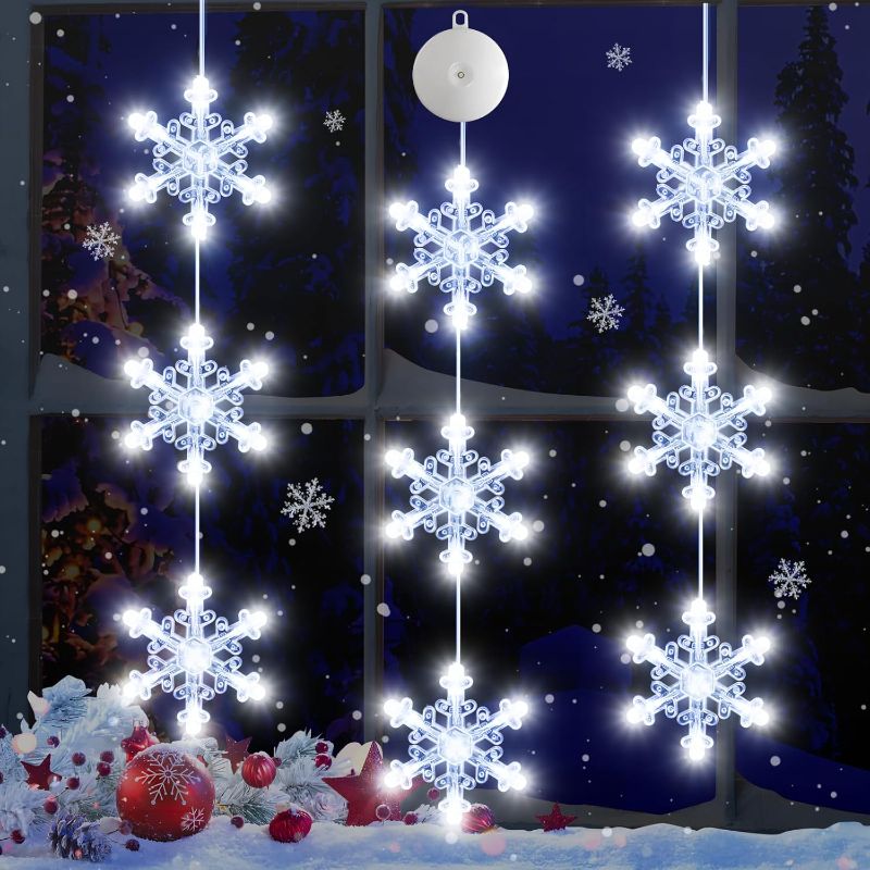 Photo 1 of [Timer 3Pcs Christmas Window Lights Decorations, Battery Powered Christmas Window Hanging White Lighted Snowflake Shaped LED Sucker String Lamp for Xmas Tree Fireplace Window Indoor Decor
