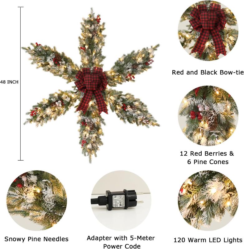 Photo 3 of (NO LIGHTS) YEAHOME 48 Inch Large Christmas Wreath, 4 FT Pre-Lit Christmas Star Wreaths for Front Door with 120L Warm White LED Lights, Bow-tie, Berries, Pine Cones for Xmas Outdoor Indoor Wall Home Decorations