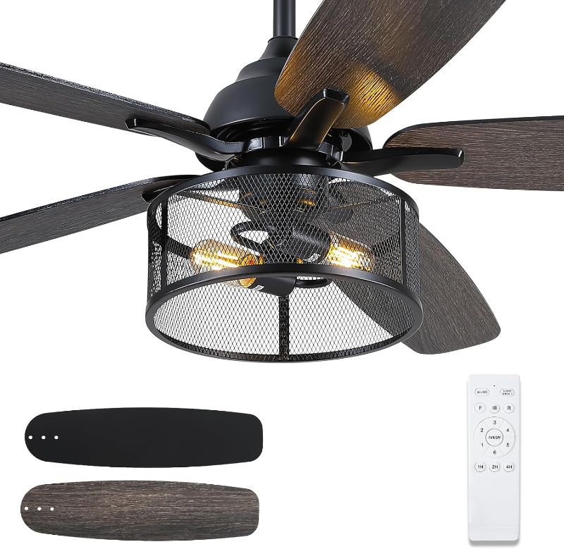 Photo 1 of ***(PARTS ONLY/ NON FUNCTIONAL/ SEE NOTES/ NO RETURNS OR REFUNDS)***
Farmhouse Ceiling Fan with Light and Remote,56" Black Industrial Caged Flush Mount Ceiling Fans for Bedroom,Living room Rustic Fandelier for Patio 6 Speed Reversible,5 Dual Blades Indoor