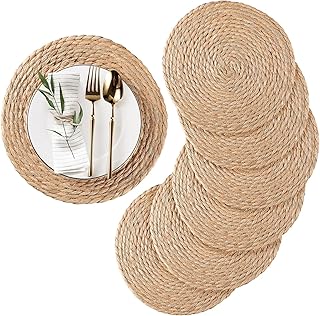 Photo 1 of 
Round Woven Placemats Set of 6, Natural Water Hyacinth Place mats, 12 inch Rattan Placemats Wicker Placemats Farmhouse Boho Braided Heat Resistant Outdoor Placemat Patio Table Place Mats

