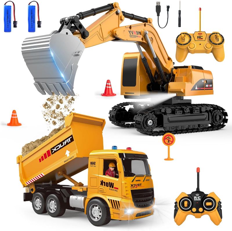 Photo 1 of ***new untested***Remote Control Excavator and Dump Truck Toy Set - RC Construction Vehicles Toy with Barricades, Road Signs, Simulated Rocks, Lights and Sounds, Present for Toddlers 3-12 Year Boys Girls