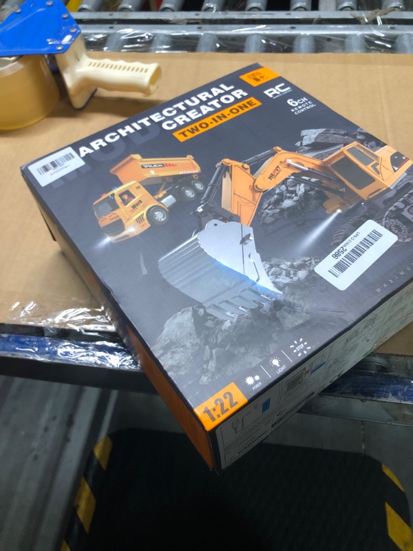 Photo 1 of ***new untested***Remote Control Excavator and Dump Truck Toy Set - RC Construction Vehicles Toy with Barricades, Road Signs, Simulated Rocks, Lights and Sounds, Present for Toddlers 3-12 Year Boys Girls