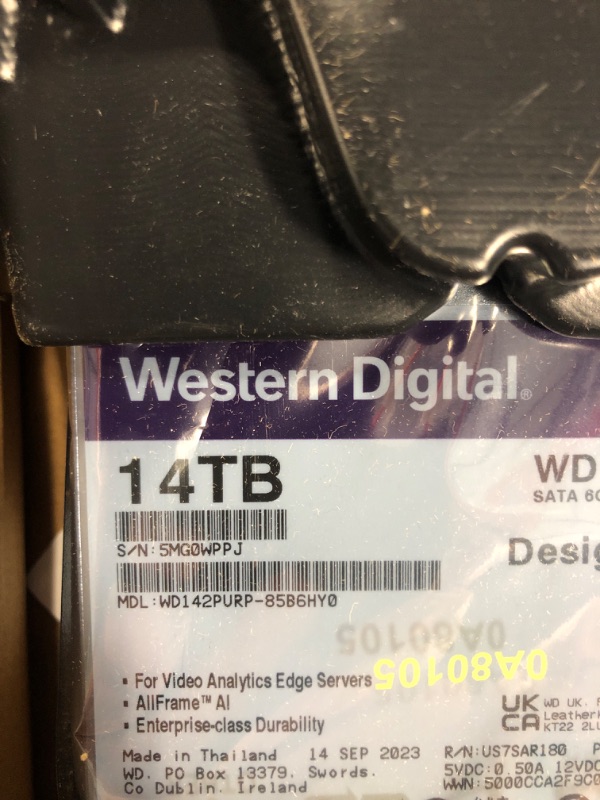 Photo 2 of ***USED, UNABLE TO TEST***
Western Digital 14TB WD Purple Pro Surveillance Internal Hard Drive HDD - SATA 6 Gb/s, 512 MB Cache, 3.5" - WD142PURP