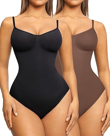 Photo 1 of  2 PACK FeelinGirl Shapewear Bodysuit for Women Tummy Control Seamless Sculpting Snatched Waist Body Suit Body Shaper Thong   XL. ONLY BLACK
