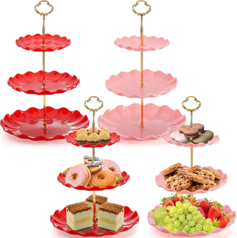 Photo 1 of ***similar*** 4 Pack 3 Tier Cupcake Stand, Plastic Dessert Stand Display Tower, Tiered Cake Stands Serving Trays with Gold Rod, Pastry Rack Holder Platter for Buffet, Party, Wedding, Home Decor, Pink, Red