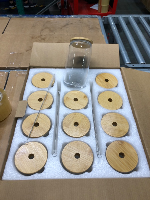 Photo 1 of [ 12pcs Set ] Glass Cups with Bamboo Lids and Glass Straw - Beer Can Shaped 16 oz Iced Coffee Drinking Glasses, Cute Tumbler Cup for Smoothie, Boba Tea, Whiskey, Water - 4 Cleaning Brushes