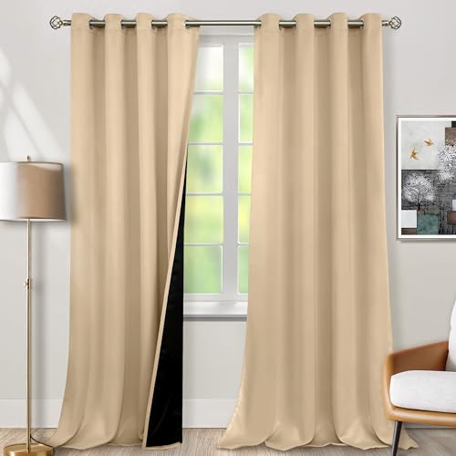 Photo 1 of BGment 100% Blackout Curtains 108 Inch Long 2 Panles Set, Thermal Insulated Total Light Locking Soundproof Grommet Curtains & Drapes for Living Room with Black Liner, 52 Inch Wide Each, Beige