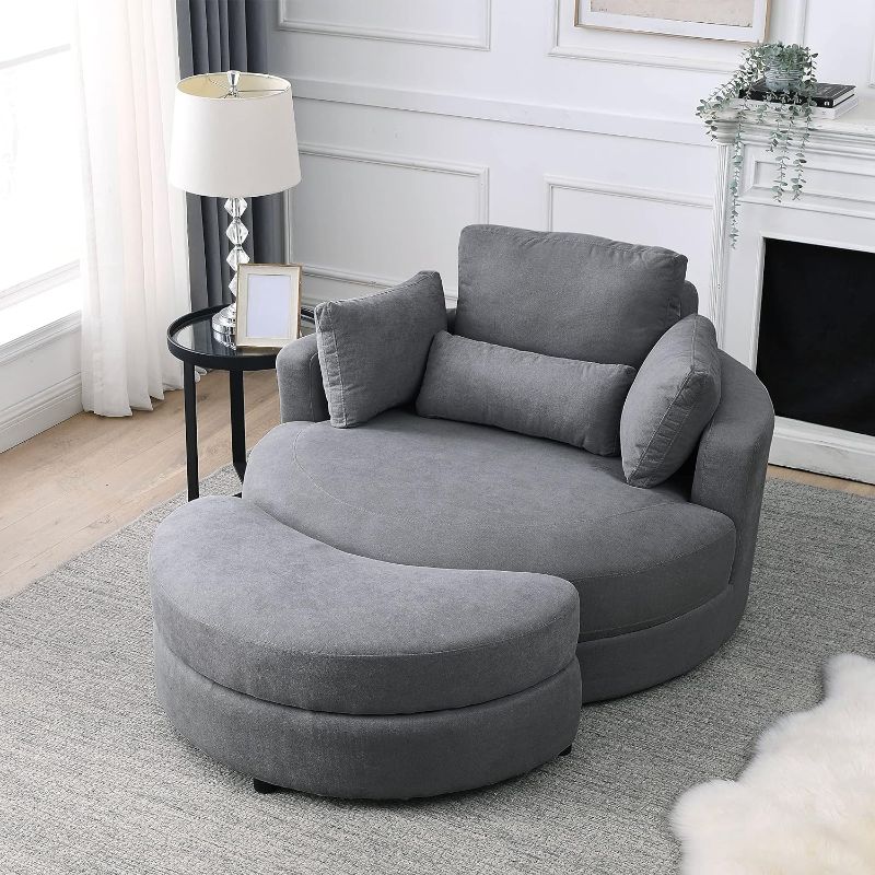 Photo 1 of ***stock photo is a similar item*** Barrel Chair with Ottoman, Solid Color Linen Fabric Round Oversize Swivel Leisure Chair for Living Room