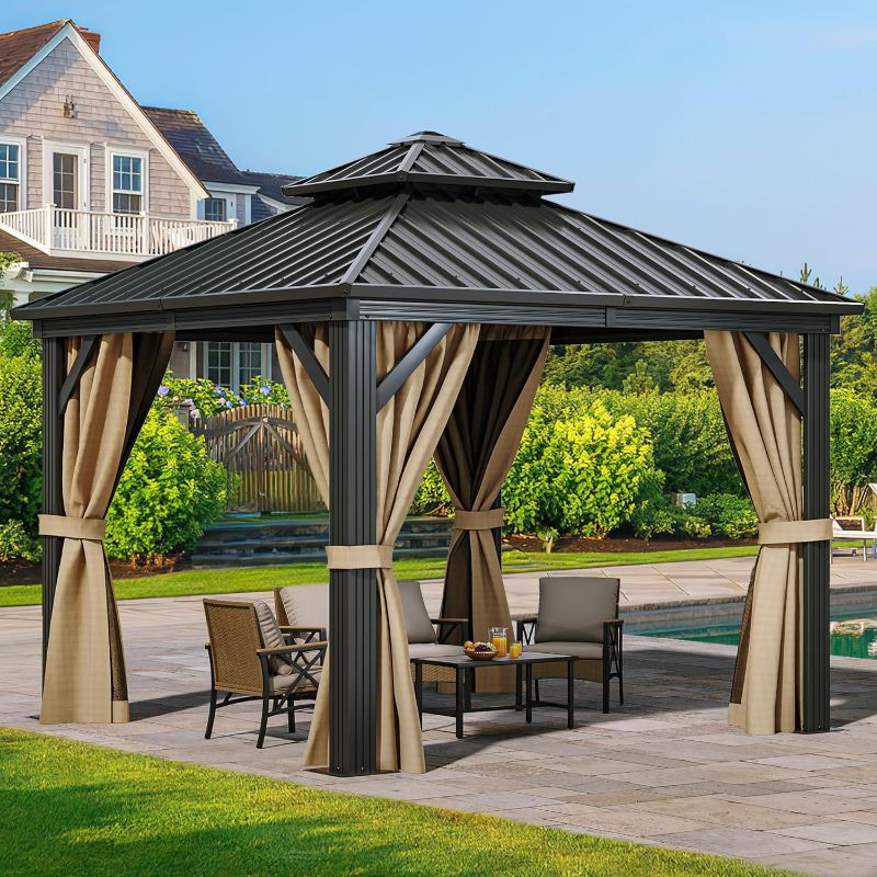 Photo 1 of ***MISSING PARTS**** YITAHOME 10x10ft Gazebo Double Roof Canopy with Netting and Curtains, Outdoor Gazebo 2-Tier Hardtop Galvanized Iron Aluminum Frame Garden Tent for Patio, Backyard, Deck and Lawns