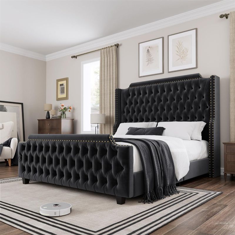 Photo 1 of ***stock photo is a similar item*** ***no hardware in box*** Queen Size Platform Bed Frame with Headboard & Button Tufted Footboard, Upholstered Bed Frame, No Box Spring Needed, Black