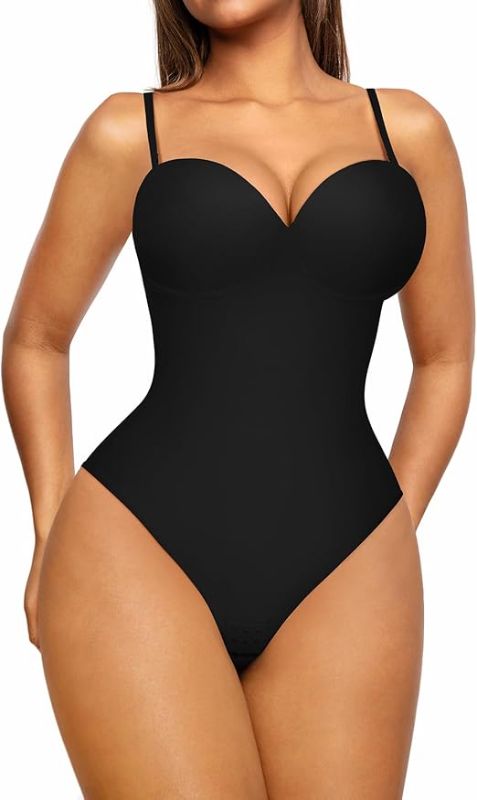 Photo 1 of ***USED***FeelinGirl Bodysuit for Women Tummy Control Bodysuit Thong with Built-in Bra Body Shaper Low Back Shapewear Fajas, A-black-thong With Bra, 3X-Large