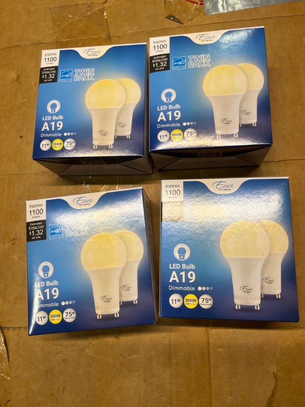 Photo 3 of 4pcs****Euri Lighting EA19-11W2000eG-2 2-Pack LED A19 Bulb, Dim, 11W (75W) Equivalent 1100lm, 220° Beam Angle, GU24 Base, UL & Energy Star Listed, Enclosed Rated, 3000K (Soft White)