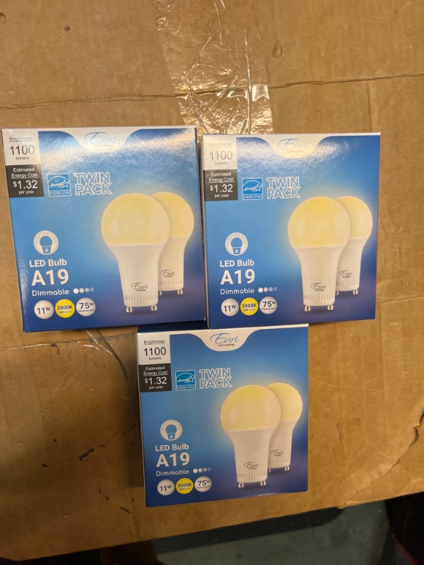 Photo 3 of 3pcs****Euri Lighting EA19-11W2000eG-2 2-Pack LED A19 Bulb, Dim, 11W (75W) Equivalent 1100lm, 220° Beam Angle, GU24 Base, UL & Energy Star Listed, Enclosed Rated, 3000K (Soft White)