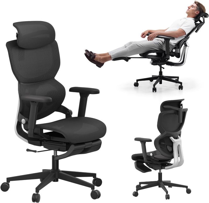 Photo 1 of ***USED***
Q3-MT Ergonomic Office Chair with Footrest Home Office Ergonomic Chair with Soft Rubber Lumbar Support Extra Large 2D Headrest & 3D Armrest 140° Tilting Mesh Computer Chair