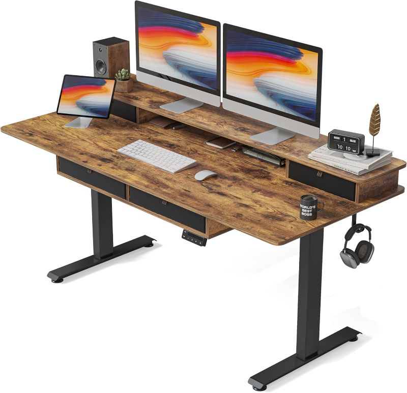 Photo 1 of 
FEZIBO 63" Height Adjustable Electric Standing Desk with 4 Drawers, 63 x 24 Inch Table with Storage Shelf, Sit Stand Desk with Splice Board, Black...