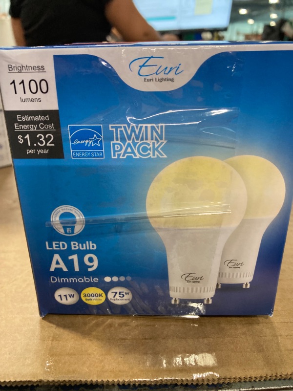 Photo 2 of 3 PCs***** Euri Lighting EA19-11W2000eG-2 2-Pack LED A19 Bulb, Dim, 11W (75W) Equivalent 1100lm, 220° Beam Angle, GU24 Base, UL & Energy Star Listed, Enclosed Rated, 3000K (Soft White)