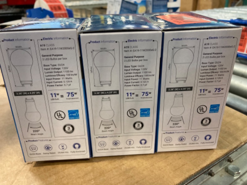 Photo 3 of 3 PCs***** Euri Lighting EA19-11W2000eG-2 2-Pack LED A19 Bulb, Dim, 11W (75W) Equivalent 1100lm, 220° Beam Angle, GU24 Base, UL & Energy Star Listed, Enclosed Rated, 3000K (Soft White)