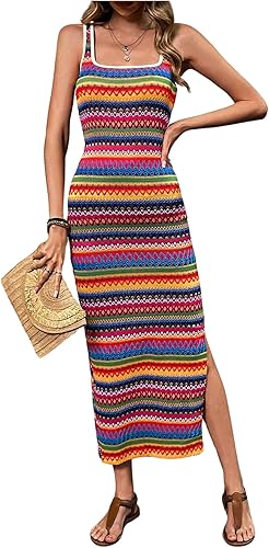 Photo 1 of  COZYEASE Women's Summer Dress Geometric Boho Split Side Square Neck Tank Dress Casual Long Beach Dress
M
