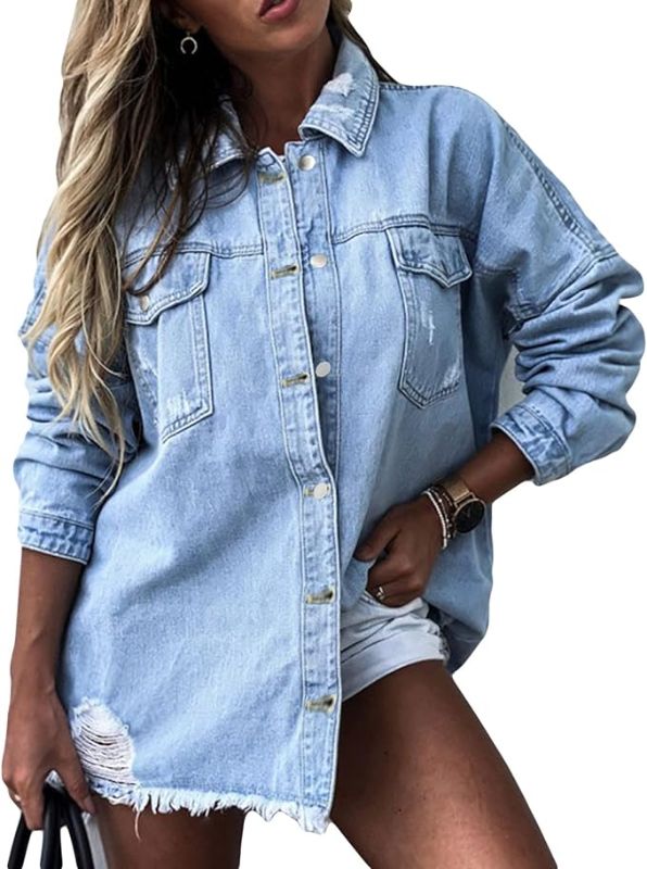 Photo 1 of ***USED***Saukiee Oversized Denim Jacket Distressed Boyfriend Jean Coat Jeans Trucker Jacket for Women Girls