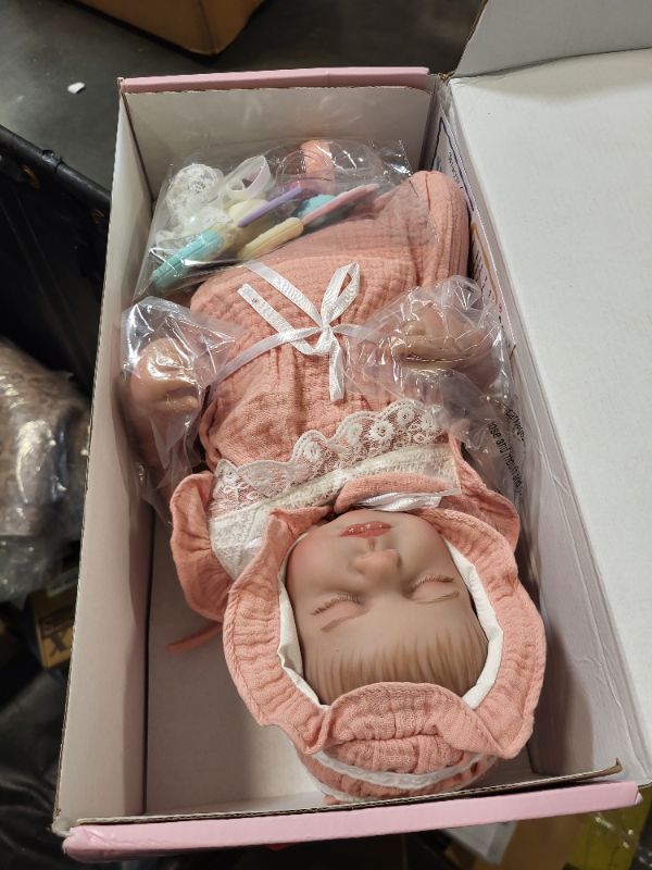 Photo 3 of 12'' Baby Doll in Gift Box with Pink Cloths, Pacifier, 13''x13'' Microfabric Blanket, and Feeding Bottle. Gift Idea for Ages 3+
