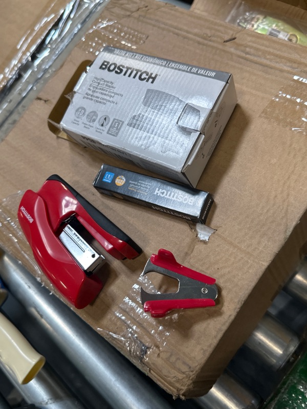 Photo 1 of ***USED***Bostitch Office Heavy Duty 40 Sheet Stapler with 1250 Staples & Claw Remover, Small Stapler Size, Fits into the Palm of Your Hand, Value Pack, Red (B175-RED-VP)