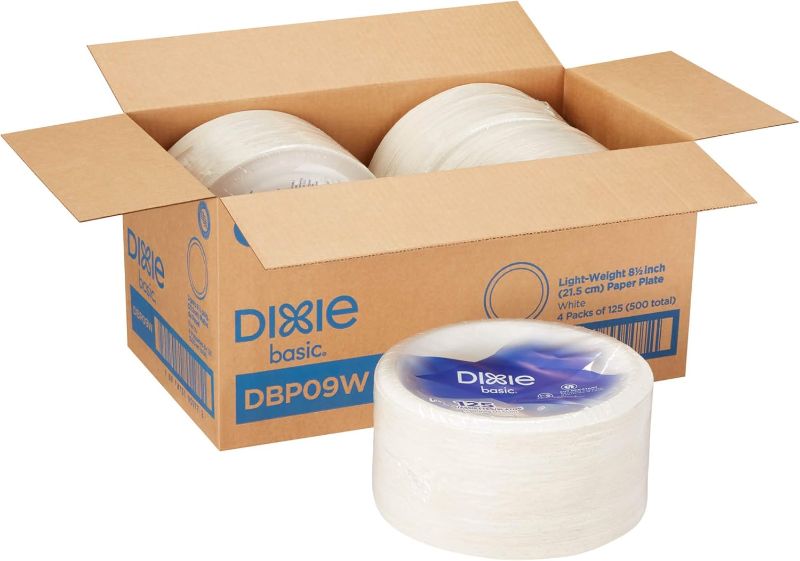 Photo 1 of ***DAMAGE BOX*** Dixie Basic 8.5" Light-Weight Paper Plates by GP PRO (Georgia-Pacific), White, DBP09W, 500 Count (125 Plates Per Pack, 4 Packs Per Case)