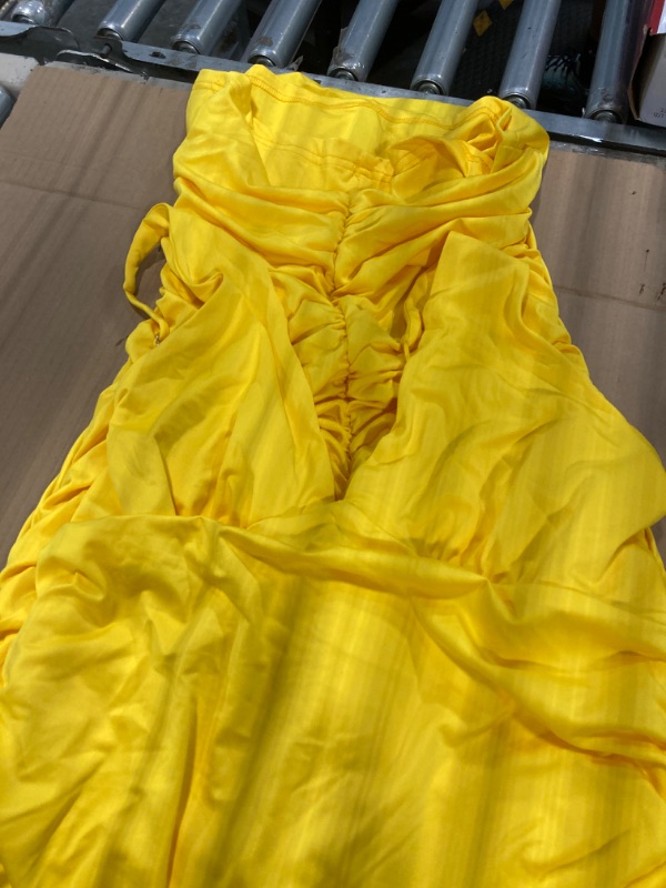 Photo 2 of ***SIZE IS UNKNOWN***BEAGIMEG Women's Sexy Ruched Sleeveless Deep V Elegant Cocktail Evening Party Maxi Dress Yellow