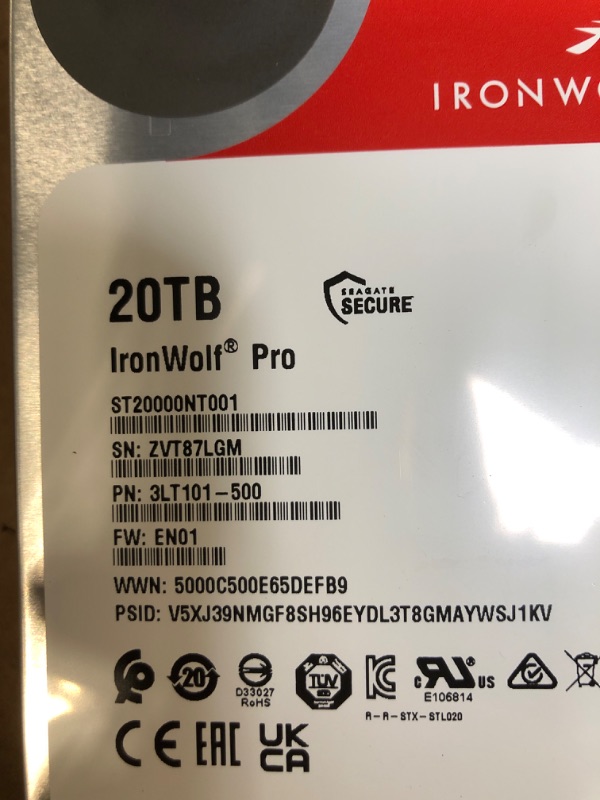 Photo 3 of ***USED***Seagate IronWolf Pro, 20 TB, Enterprise NAS Internal HDD –CMR 3.5 Inch, SATA 6 Gb/s, 7,200 RPM, 256 MB Cache for RAID Network Attached Storage (ST20000NT001)