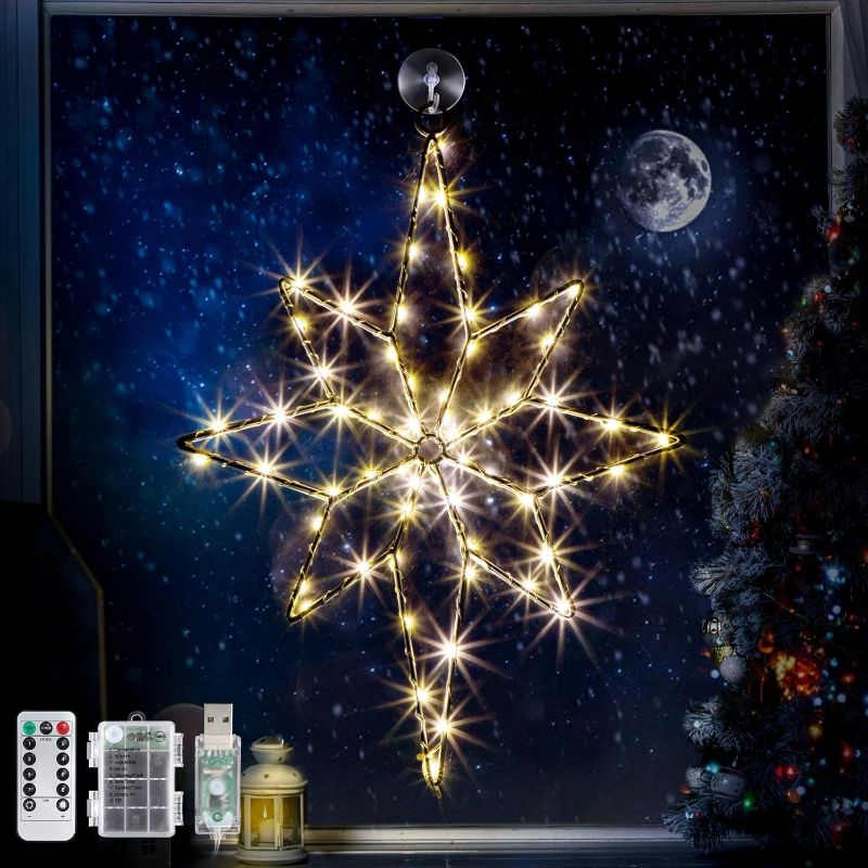 Photo 1 of  Christmas Window Light Decorations, 8 Model Bethlehem Christmas Star Window Silhouette Lights with Timer Iron Frame LED USB Battery Operated Lighted Star for Window in Xmas Holiday