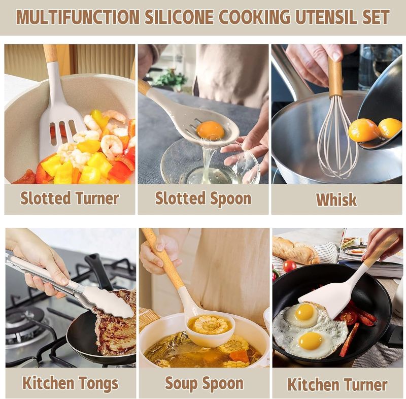 Photo 1 of 
Roll over image to zoom in





2+

7 VIDEOS
Umite Chef Kitchen Cooking Utensils Set, 33 pcs Non-Stick Silicone Cooking Kitchen Utensils Spatula Set with Holder, Wooden Handle Silicone Kitchen Gadgets Utensil Set (Khaki)