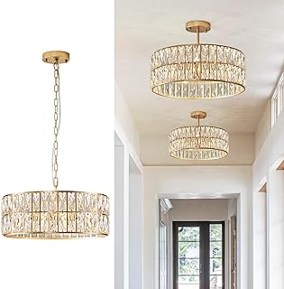 Photo 1 of ***SIMILAR ITEM*** Modern Crystal Chandelier for Dining Room Gold Semi Flush Mount Ceiling Light Fixtures 18” Large Round Crystal Pendant Lighting for Foyer Bedroom L