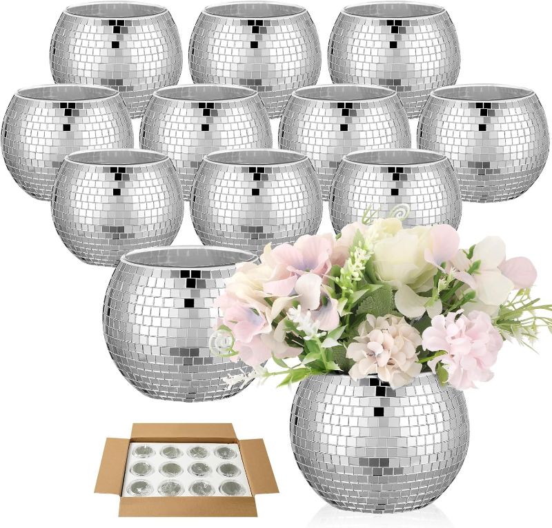 Photo 1 of 12 PCS Silver Disco Ball Vase, 3 x 4 Inch Glass Disco Ball Candle Holders Plant Pots,Mirror Disco Ball Flower Vase Planter for Wedding Centerpieces Birthday Office Bedroom