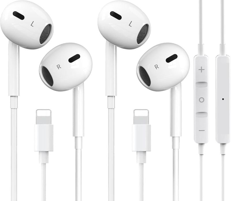 Photo 1 of 2 Packs Wired Headphones for iPhone Earbuds with Built-in Microphone & Volume Control HiFi Stereo Nosie Reduction Earphones Compatible with iPhone 14/13/12/11/XR/XS/X/8/7/SE Support All iOS System