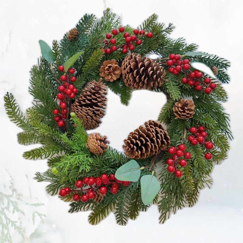 Photo 1 of 55cm/21.65inch Christmas Wreath with Artificial Green Pine Leaves,Real Pinecone,Red Berries Handmade Realistic Wreath for Home Front Door Wall Window Porch Indoor Outdoor Decor