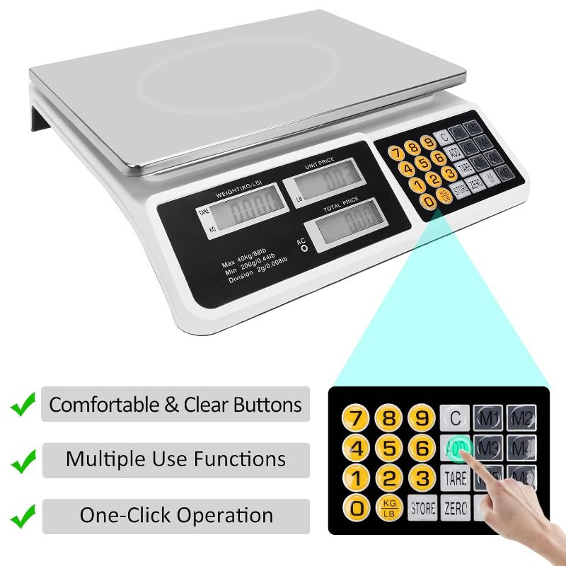 Photo 1 of 
Báscula digital de precios comerciales de 88 lb/40 kg, báscula de peso de conteo de productos alimenticios con pantalla LCD dual para mercado de...
