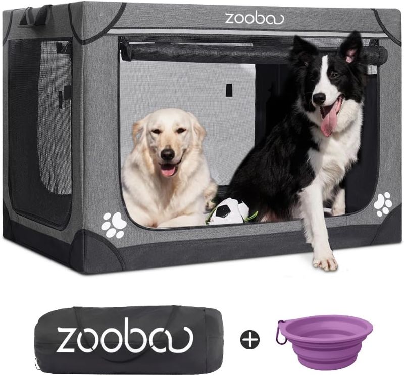 Photo 1 of 42" Portable Soft Dog Crate for Large Dogs - Collapsible Travel Kennel with Carry Bag, Foldable Cage with Durable Textilene Mesh Door, Plush Bed - Ideal for Home or Travel - Charcoal Gray
