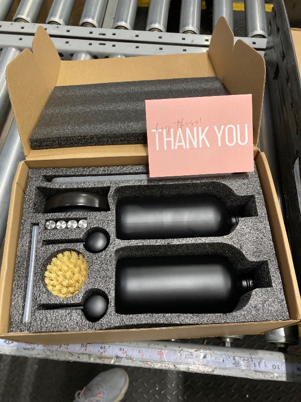 Photo 1 of [Luxury] Kitchen Soap Dispenser Set - 16OZ Black Glass Bottle, Stainless Steel Pump, Instant Dry Tray, Waterproof Labels, Non-Slip Silicone Pad, and Dish Brush | Upgrade for Your Kitchen and Bathroom