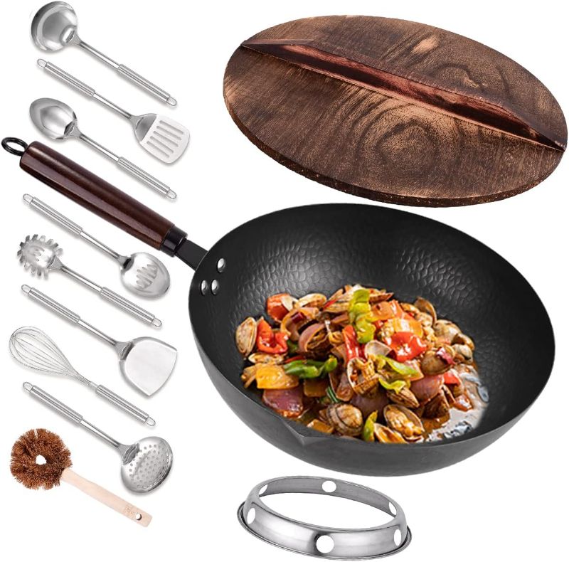 Photo 1 of 12.8" Carbon Steel Wok-11Pcs Woks & Stir Fry Pans Wok Pan with Lid, No Chemical Coated Chinese Wok with 10 Cookware Accessories, Flat Bottom Wok for Electric, Induction,Gas Stoves