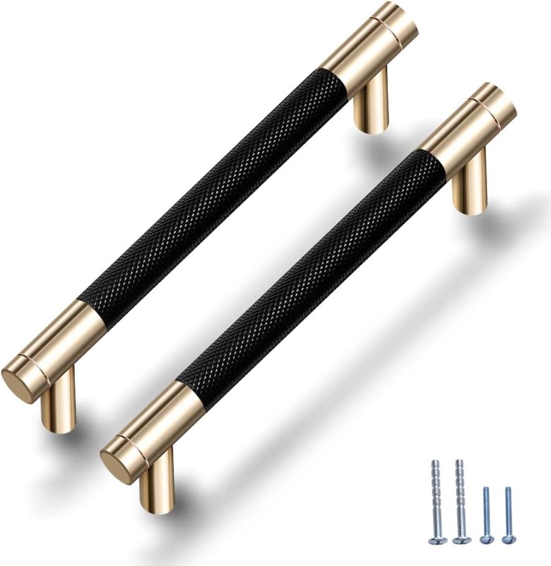 Photo 1 of 9 Pack 5 Inch 128 mm Knurled Cabinet Handles Cabinet Pulls Aluminum Handles Knurled Drawer Pulls Gold and Black Oxidation Finish with Diamond Pattern 6.2" Length (5" Hole Center)
