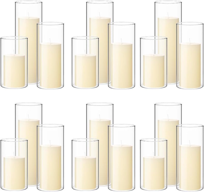 Photo 3 of 36 Pcs Pillar Candles and Glass Cylinder Vases Tall Cylinder Candle Holders for Slim Pillar Candles Wedding Centerpieces, Total 18 Sets(2.6'' X 4.7'', 5.9'', 7.9'',Clear,Ivory White)