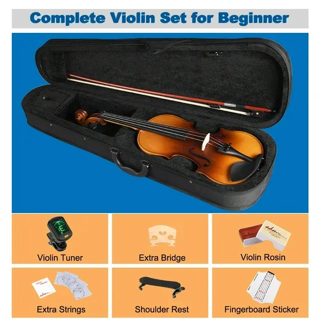 Photo 2 of ADM Violin 4/4 Full Size, Adults Violin Beginner Set with Fingerboard Sticker, Shoulder Rest and Tuner