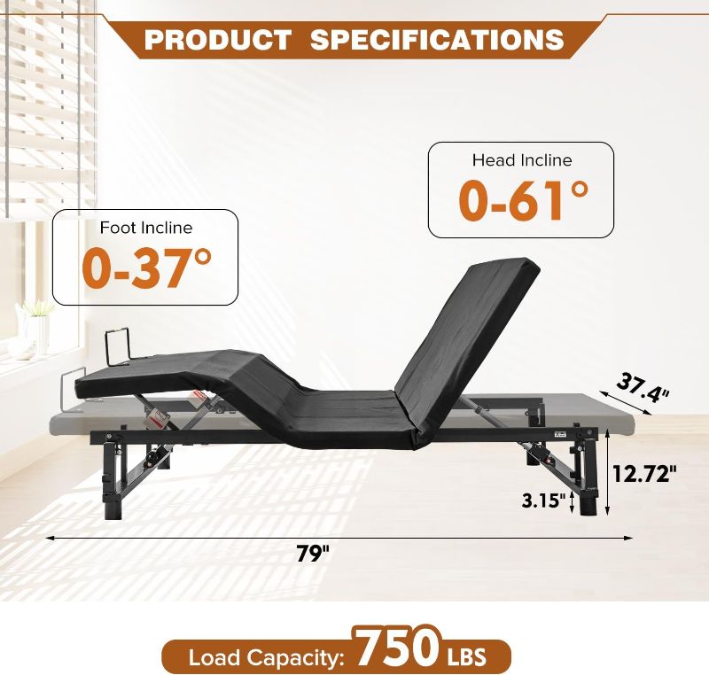 Photo 1 of 
Adjustable Bed Frame Txl, Independent Head And Foot Inclines, Dual Motor Quiet Adjustment Operation, Wireless Remote Control, Cloth Cover?Mattress...
Size:Black