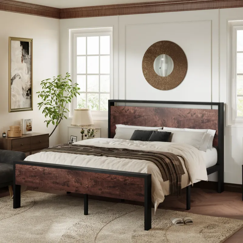 Photo 3 of Allewie Queen Size Metal Platform Bed Frame with Wooden Industrial Headboard & Footboard, Sanders