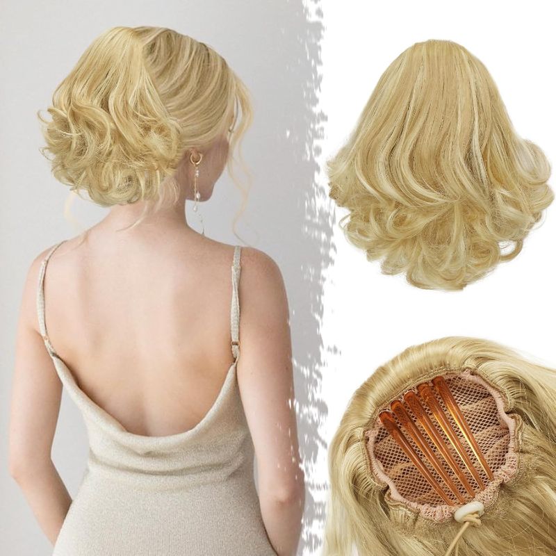 Photo 1 of BARSDAR Comb Clip Blonde Ponytail Extension, 9 In Drawstring Short Wavy Ponytail Hair Extensions Soft Synthetic Fake Pony Tails Hairpieces for Women Daily Halloween (Ash Blonde Mixed)