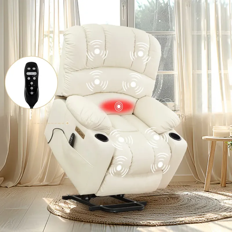 Photo 1 of **BOX 1 OF 2 | Power Lift Recliner Chair, Oversized Shell Backrest Reclining Chair with Massage & Heat for Elderly - Off White
