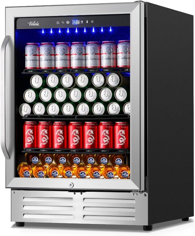 Photo 1 of 24 Inch Beverage Refrigerator Cooler,210 Cans Wide Beverage and Beer Fridge with Glass Door and Powerful Cooling Compressor, Built-in/Freestanding Drink Fridge for Kitchen, Bar or Office