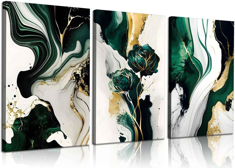 Photo 1 of 3Pcs Framed Emerald Green Wall Art, Modern Green and Gold Abstract Marble Canvas Wall Art Paintings Prints Posters Wall Decor Pictures for Living Room Bedroom Office Home Decoration, Ready to Hang