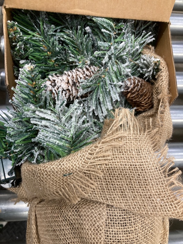 Photo 2 of 3ft Pre- Christmas Tree,Partially Snow Flocked Artificial Xmas Pine Tree with 150 PVC Branches Tips & 12 Red Berries & 15 Pinecone & 70 LED String Lights & Burlap Wrapped Base,Battery Powered