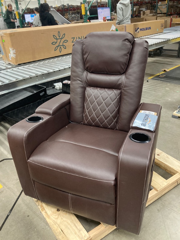 Photo 2 of CANMOV Electric Power Recliner Chair with USB Ports and Cup Holders, Breathable Leather Home Theater Seating with Hidden Arm Storage (Red Brown)