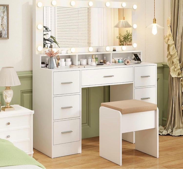 Photo 1 of CHARMAID Vanity Desk with Large Mirror and Lights, 46.5" Makeup Vanity Desk with 7 Drawers, Charging Station, Storage Chair, 3 Color Lighting Modes, Modern Bedroom Dressing Vanity Table (White)